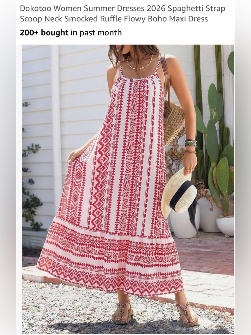 Dokotoo Red & White Boho Spaghetti Strap Maxi Dress